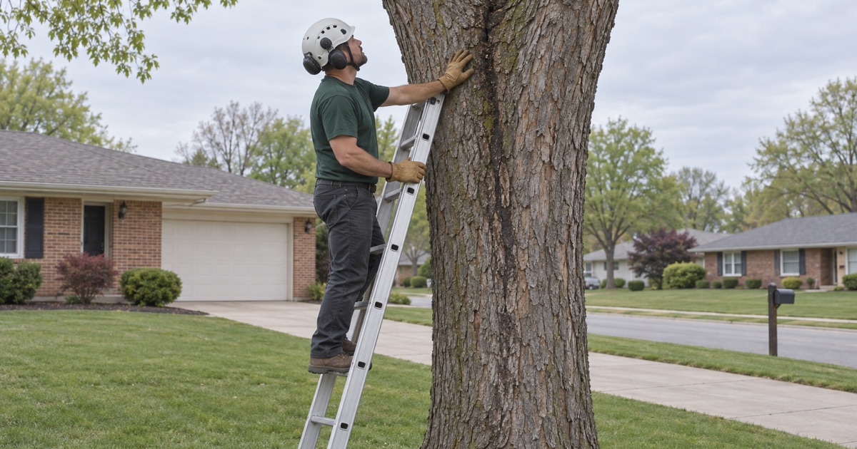 Worker on a footed ladder sighting an included-bark union high in a shagbark hickory on a Lenexa front lawn.