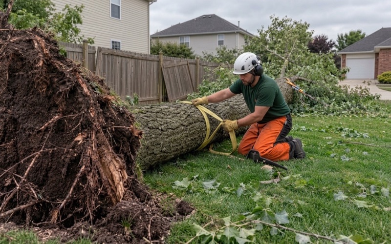 Worker drawing a choker strap under a windthrown eastern cottonwood beside a Lenexa house.