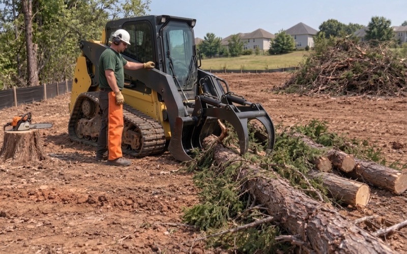 Worker guiding a grapple arm onto cut eastern red cedar stems at the edge of a Lenexa lot being cleared.