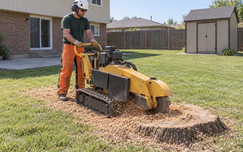 Worker sweeping a grinder wheel across the face of a red oak stump in a Lenexa back yard.