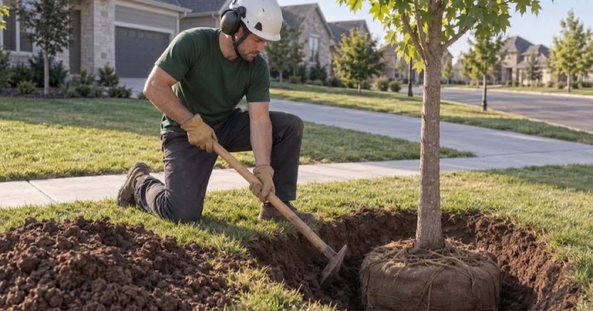 Worker breaking the wall of a planting pit with a mattock beside a new sugar maple on a Lenexa front lawn.