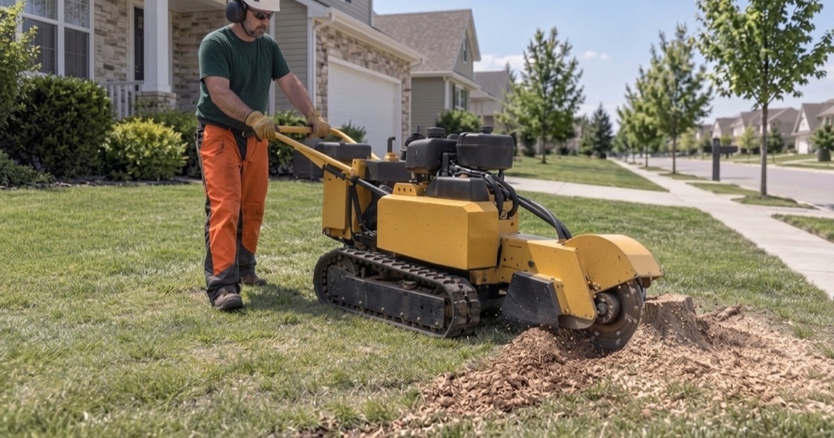 Worker repositioning the grinder by its tow bar to chase a callery pear root run in a Gardner front yard.