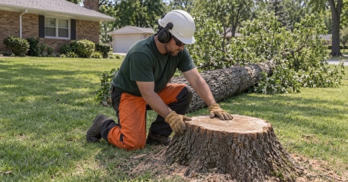 Worker crouched at the fresh stump face of a bur oak in a Gladstone yard, hand over the cut rim.