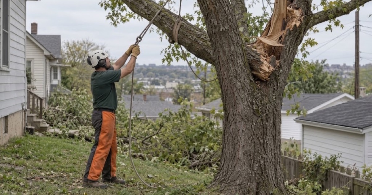 Worker setting a chain sling hook on a hackberry leader torn out and hung in the crown above a Kansas City, Kansas back yard.