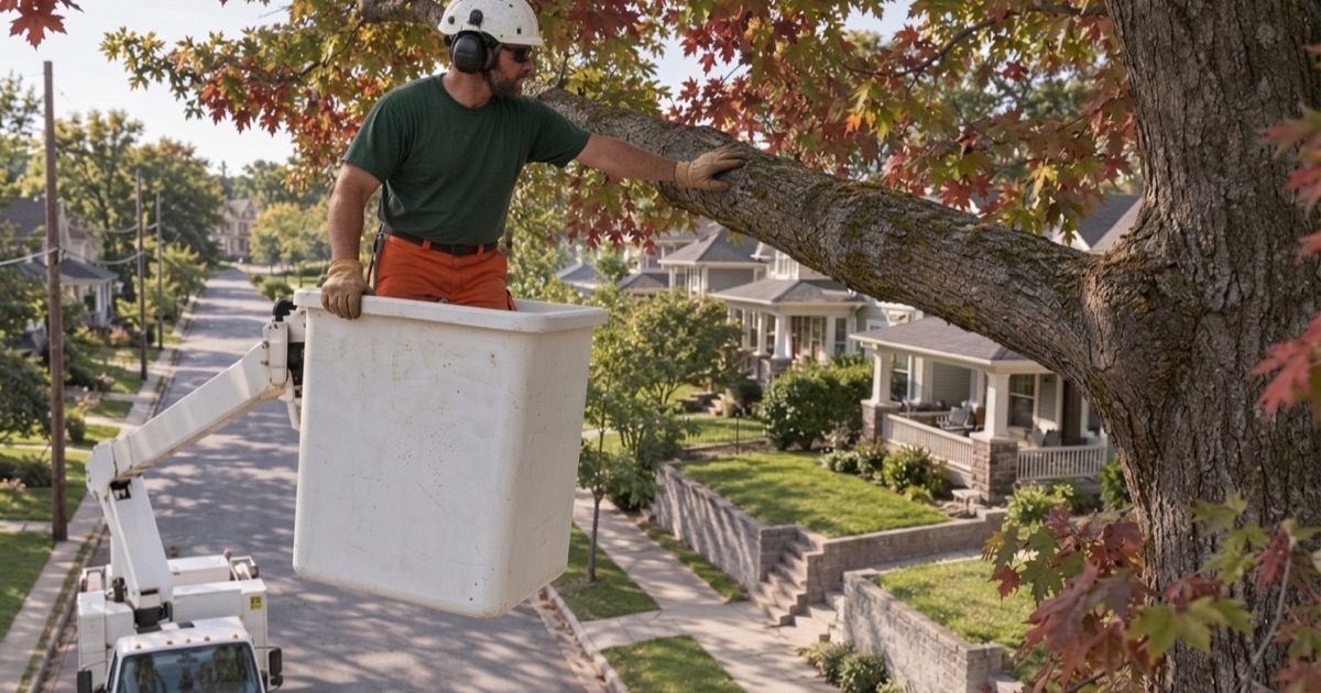 Worker in an aerial bucket making a reduction cut at the branch collar of a red maple over a Kansas City street.