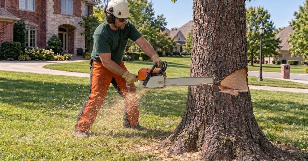 Worker driving a wedge into the back cut of a thirty-year-old pin oak on a wide open Leawood lot.