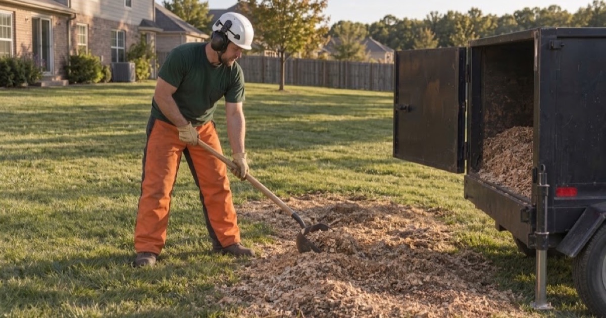 Worker scooping grindings into the chip box after a pin oak stump grind on a Lee’s Summit lot.