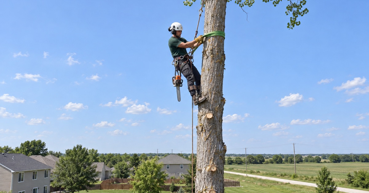 Climber choking a rigging sling around the top of a tall eastern cottonwood on the open edge of Olathe.