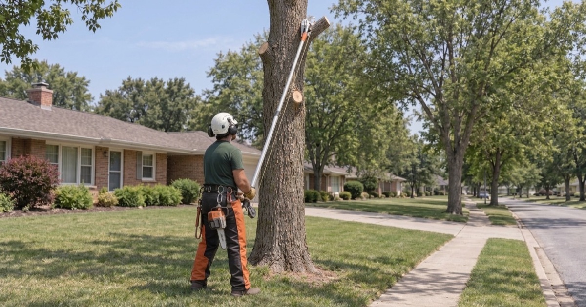 Ground worker hauling the tail of the lowering rope below a bollard as a green ash section comes down over an Overland Park verge.