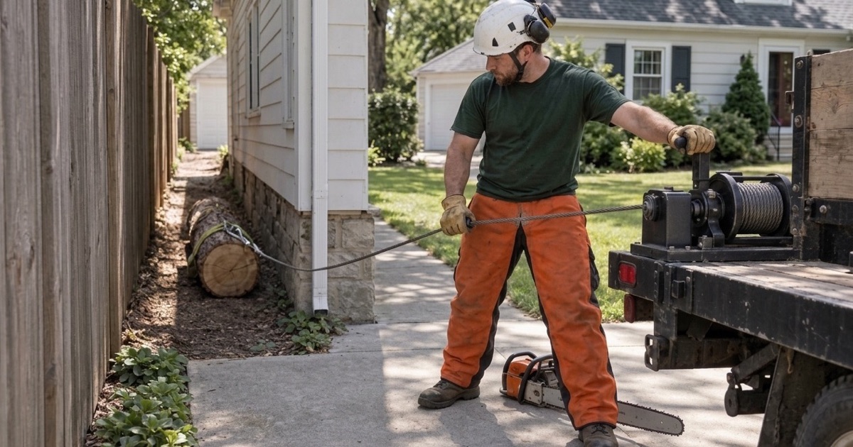Worker at the winch drum pulling white oak rounds out through a narrow Prairie Village side passage.
