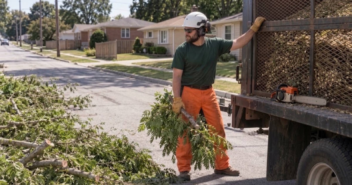 Worker at the chip box rail loading honey locust limbs staged at the curb on a tight Raytown street.