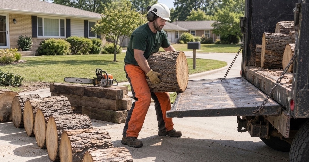 Worker lifting a white oak log round from the cribbing to the tailboard of the truck on a Shawnee street.