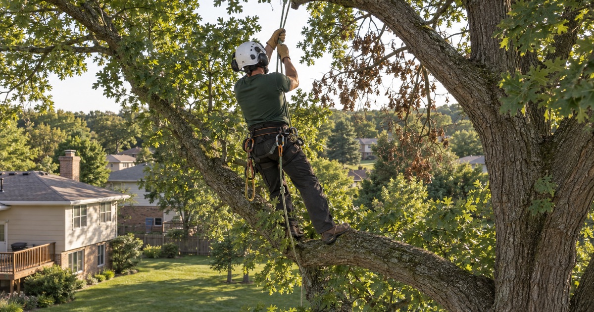 Climber advancing on his climbing line inside the crown of a bur oak on a Lenexa split-level lot.